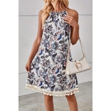 Mossta Halter Yaka Püskül Detaylı Çiçek Desenli Elbise - Desenli