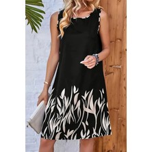 Mossta Yaprak Desenli Kolsuz Dalgıç Elbise - Siyah