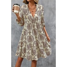 Mossta V Yaka Fırfırlı Mini Süprem Elbise - Kahve