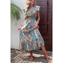 Mossta Kruvaze Yaka Bel Oturtmalı Desenli Elbise - Desenli