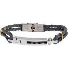 Celikchi Erkek Siyah Taşlı Gri Renk Deri Bileklik