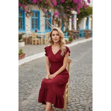 Mossta Kruvaze Yaka Gipeli Bürümcük Elbise Bordo