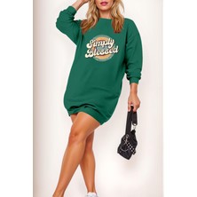 Mossta Yazı Baskılı Uzun Kollu Viskon Iki Iplik Elbise - Yeşil