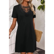 Mossta Dantel Yakalı Kısa Kollu Viskon Elbise Siyah