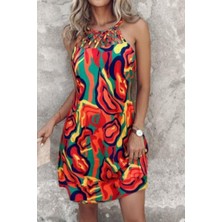 Mossta Halter Yaka Desenli Mini Süprem Elbise - Desenli