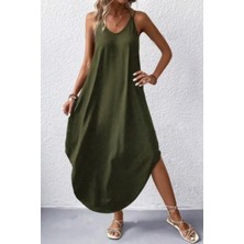 Mossta Ince Askılı V Yaka Salaş Viskon Elbise - Yeşil