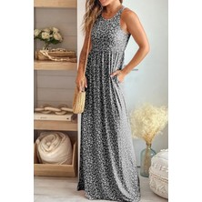 Mossta Yuvarlak Yaka Cepli Uzun Süprem Elbise - Siyah