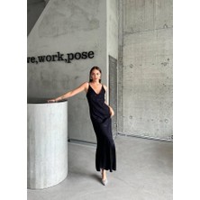 Pusula Sepeti Jakarlı Askılı Saten Elbise Asimetrik - Siyah