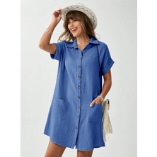 Pusula Sepeti Kadın Cep Detay Müslin Kumaş Mini Gömlek Elbise