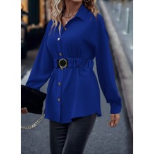 Pusula Sepeti Kadın Uzun Kollu Yakalı Önden Düğmeli Belden Kemerli Ithal Krep Bluz