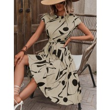 Pusula Sepeti Kadın Kısa Yarasa Kollu Yuvarlak Yaka Beli Büzgülü Süprem Elbise