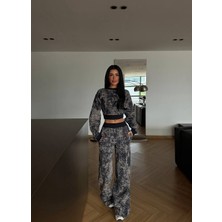 Maison Meda Premium Abstract Fit Crop & Wide Leg Ikili Takım – Gri Siyah Couture