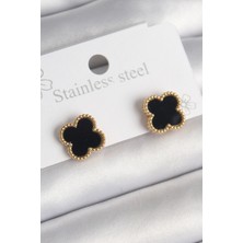 Nuvigo 316L Çelik Gold Renk Siyah Yonca Model Kadın Küpe - TJ-BKP10199