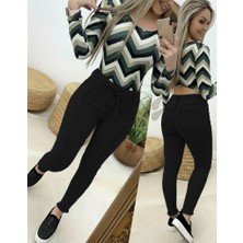 Pusula Sepeti Kadın Yüksek Bel Belden Kuşaklı Yırtık Detaylı Kot Pantolon