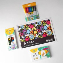 AyrStore 4’lü Boyama Seti + Resim Defteri 25X35, 12 Renk, Keçeli Kalem, Kuru,pastel ve Sulu Boya, Fırça