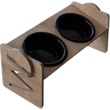 AyrStore Ayarlanabilir Ahşap 2 Plastik Taslı Kedi ve Köpek Mama ve Su Kabı Siyah
