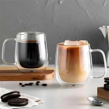 AyrStore Çift Cidarlı Cam Kupa Ev Ofis Fincanı Çift Katlı Isı Yalıtımlı Kulplu Cam Bardak (2 Adet