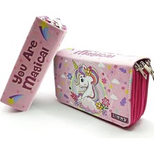 AyrStore Kalem Kutusu Unicorn Bahar Temalı Kawai Organizer Kalemkutu Vegan Deri Üç Bölmeli Kalemlik-