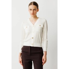 Nazen Giyim V Yaka Onü Cepli Ekru  Kadın Hırka 50912-2Y5