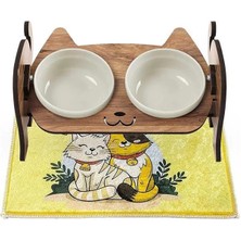 AyrStore Ahşap Kedi Mama ve Su Kabı ile Kedi Köpek Paspası - Demonte Kedi Mama Su