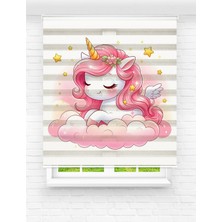 MAS Kız Çocuk Odası - Sevimli Unicorn Desenli Dijital Baskılı Zebra Stor Perde