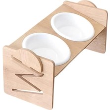 AyrStore Ayarlanabilir Ahşap 2 Plastik Taslı Kedi ve Köpek Mama ve Su Kabı Beyaz