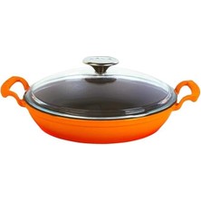 AyrStore Döküm Yuvarlak Sahan Cam Kapaklı Döküm Demir Yekpare Çift Kulplu ÇAP(Ø)24CM. Turuncu