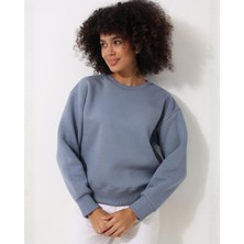 Amida Kadın Mavi Bisiklet Yaka Basic Sweatshirt - 2533
