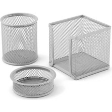 Kitabevimden Mas Masa Seti Ataşlık-Kağıtlık-Kalemlik 3 Lü Metal Perforeli Silver 505