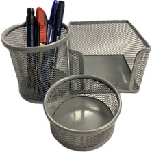 Kitabevimden Bafix Masa Seti Ataşlık-Kağıtlık-Kalemlik 3 Lü Metal Perforeli Gri BFX-MMS9801G