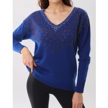 T Guel Kadın Saks Mavisi Yakası Desenli V Yaka Triko Kazak