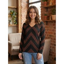 T Guel Kadın Bakır-Siyah Simli Zigzag Desenli Triko Kazak