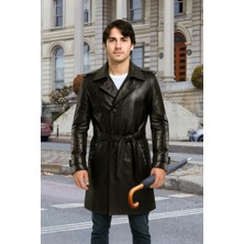 Derije Patrick Hakiki Deri Erkek Siyah Kuşaklı Pardesü