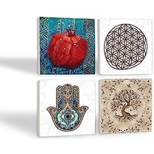 Storemax Yaşam Çiçeği, Hayat Ağacı, Nar, Fatma Ana Eli  Taş Bardak Altlığı Seti - 4 Parça - Dekoratif, Rustik Mutfak Aksesuarı, 10X10 Cm, Kaydırmaz Tabanlı, Şık ve Dayanıklı SC152