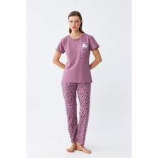 Marsilyan- Kadın Mor Patili Tavşan Baskılı Cepli Pijama Takımı