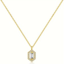 Brezza Lusso Jewelry Baget Taşlı Altıgen Halo 18K Altın Kaplama Gümüş Kolye