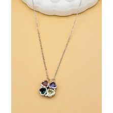 Nevoka Dört Yapraklı Açılır Kapanır Renkli Silver Yonca Kolye