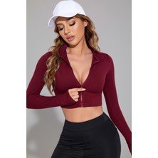 Moda Şahsenem Kadın Bordo Uzun Kol Fermuarlı Parmak Geçme Detaylı Dik Yaka Crop Top Bluz