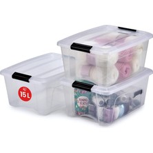 Storemax Ohyama, 3'lü Set Istiflenebilir Saklama Kutusu, Klik Kilitli – New Top Box Ntb-15 – Plastik, Şeffaf, 3 x 15 L, U 39,5 x G 29 x Y 18,6 cm