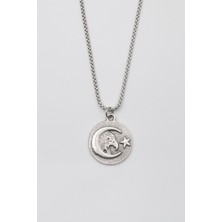 Alooya Ay Yıldız Kartal Figürlü Kolye - Örme İthal Zincirli Unisex Gümüş Kaplama - 60 cm