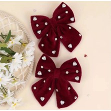 My Balli Store 2'li Zarif Kırmızı Kadife Fiyonklu Toka