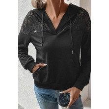 Mossta Dantel Detaylı V Yaka Kapüşonlu Cepli Viskon Iki Iplik Bluz - Siyah