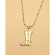 Nevoka Çizme Figürlü Zirkon Taşlı Gold Çelik Kolye