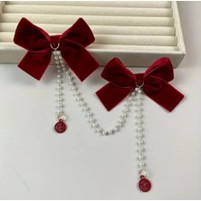 My Balli Store Yeni Yıl Kırmızı Inci Detaylı Kadife Saç Tokası