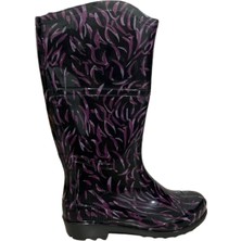 Emek Kadın Mor-Siyah Desenli 35 cm Uzun Bahçe Yağmur Çizmesi