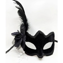 Tp Bfs  Siyah Renk Yandan Tüylü Beyaz Incili Süet Kaplama A Kalite Lüks Parti Maskesi 20X23 cm