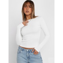 Swalora Bisiklet Yaka Uzun Kollu Fitilli Crop Bluz