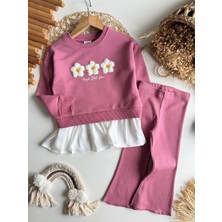 Noble Kids Çiçek İşlemeli Gül Kurusu Kız Çocuk Takımı – Sweatshirt & Geniş Paça Tayt, 2–8 Yaş