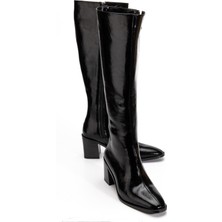 Dilimler Ayakkabı Kadın Topuklu Çizme Siyah Rugan Fermuarlı Küt Burun