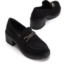 Dilimler Ayakkabı Siyah Süet Kadın Kalın Topuklu Günlük Ayakkabı Kalın Taban Tokalı